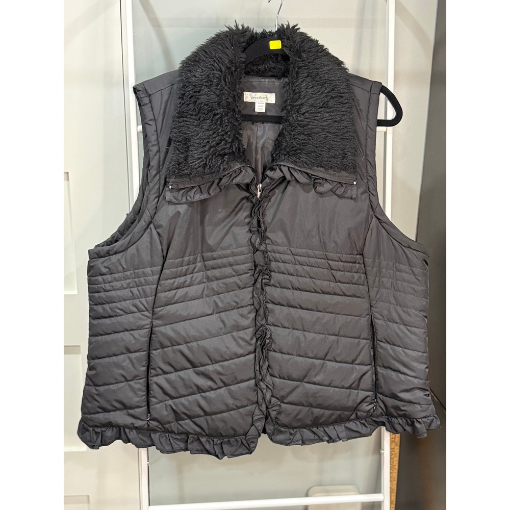 Dressbarn Black Quilted Puffer Vest Faux Fur Collar Ruffle Trim 18/20 Whimsigoth